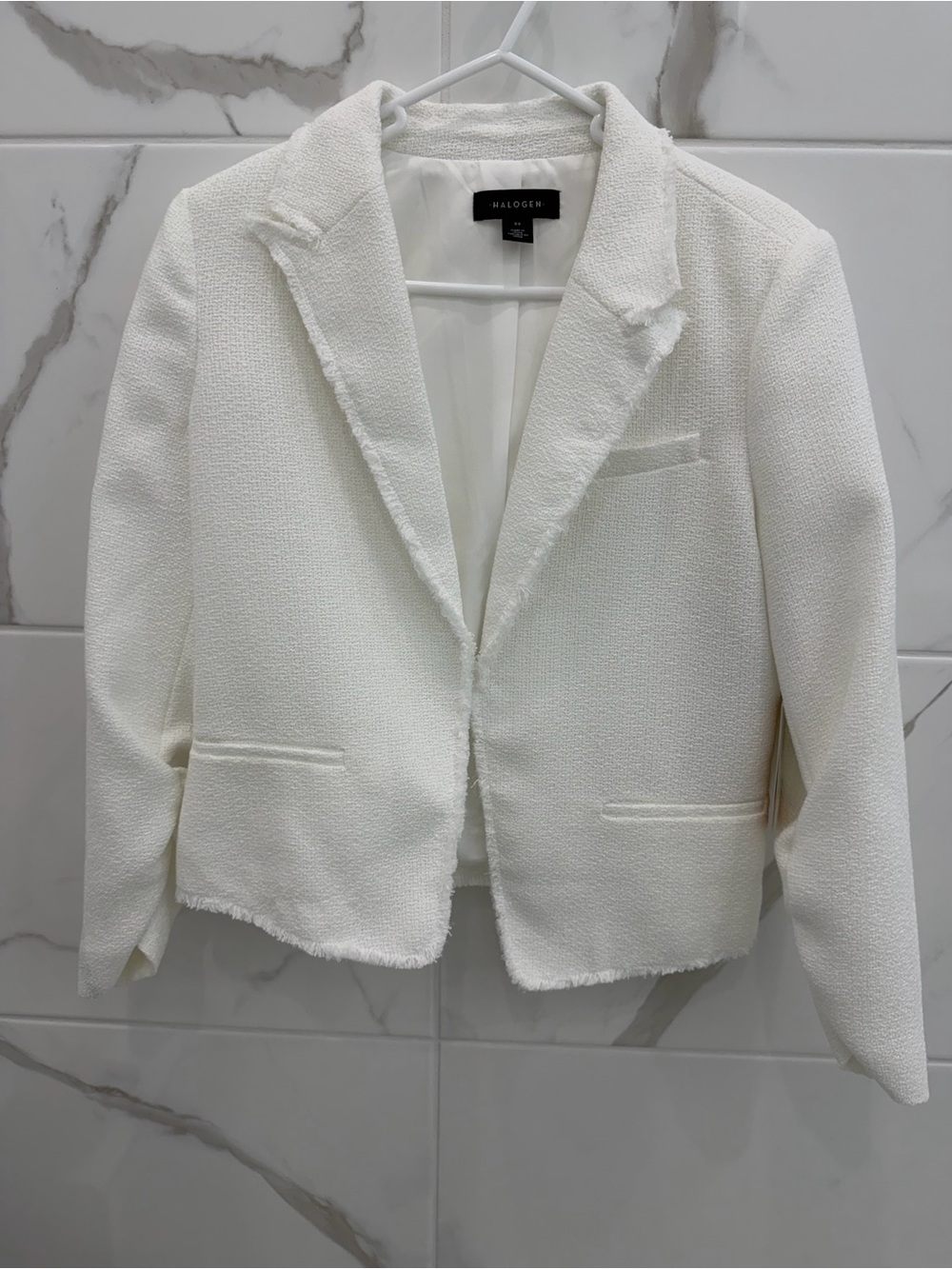 Halogen Off-White Frayed Edge Tweed Blazer